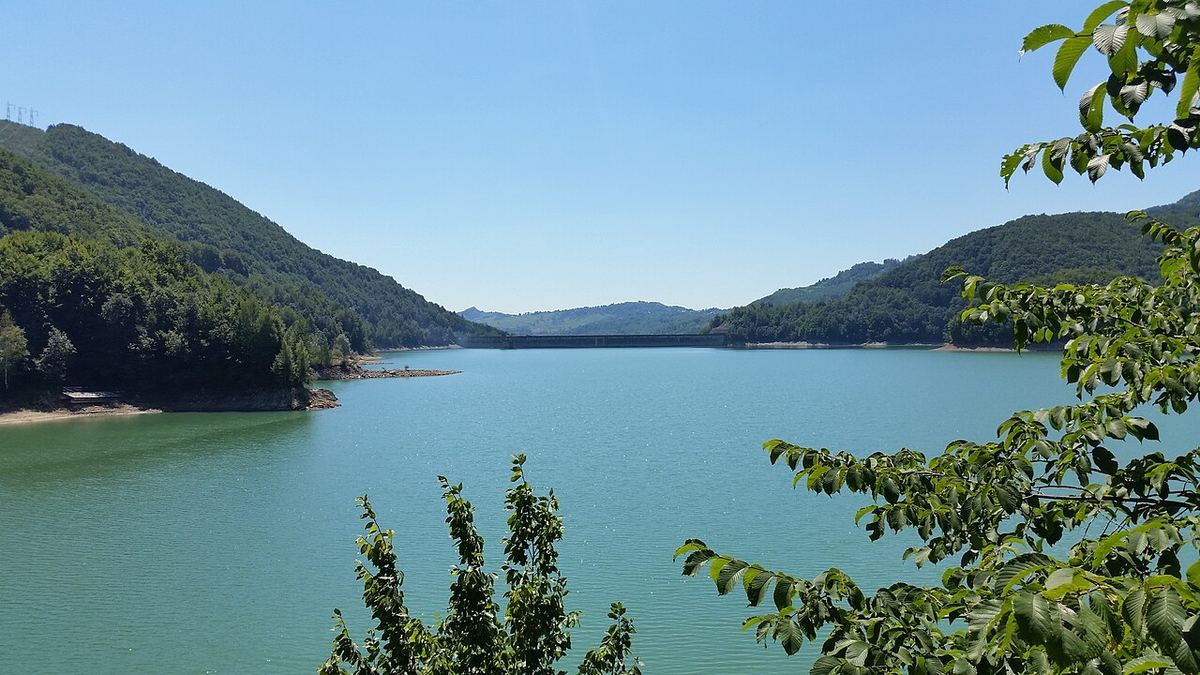 Lacul Paltinu din județul Prahova, România, înconjurat de vegetație și dealuri, văzut într-o zi de vară.