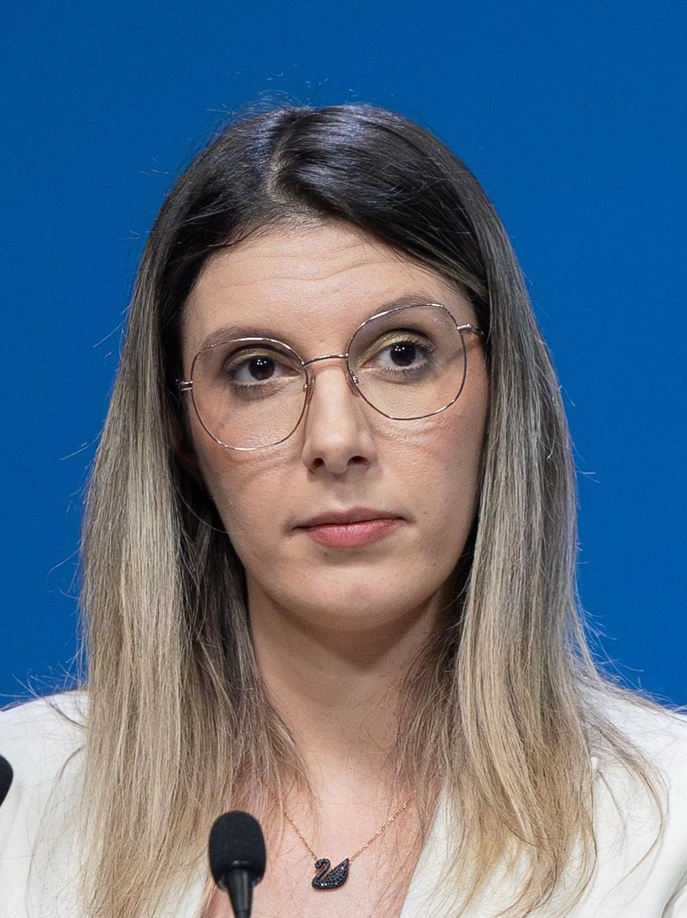 Diana Buzoianu, fotografie de arhivă de la un briefing de presă, în fața unui microfon, pe fundal albastru.