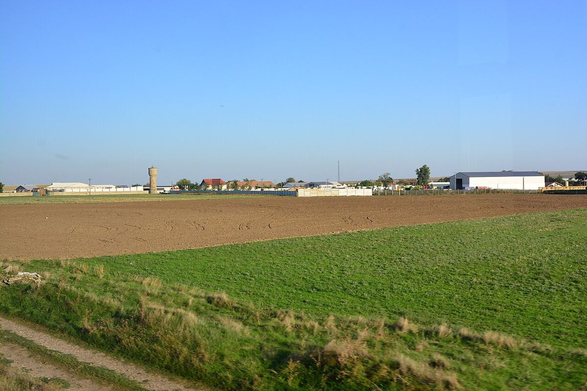 Fotografie a periferiei de nord-vest a localității Cogealac, din județul Constanța, cu terenuri și construcții din zonă.