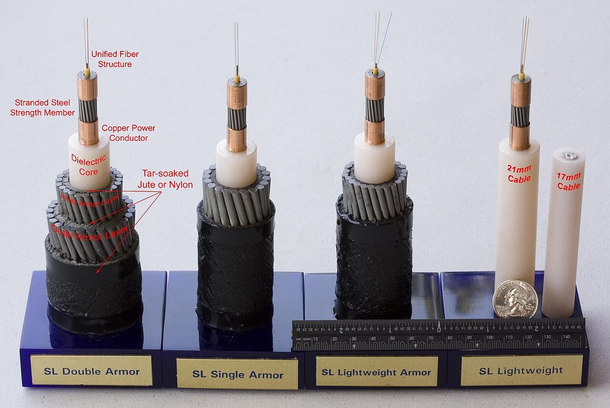 Mostre de cabluri submarine de telecomunicații, cu straturi de armură și fibre optice, expuse pe suporturi albastre cu etichete.