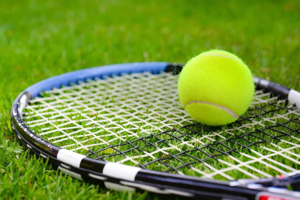Rachetă și minge de tenis pe iarbă
