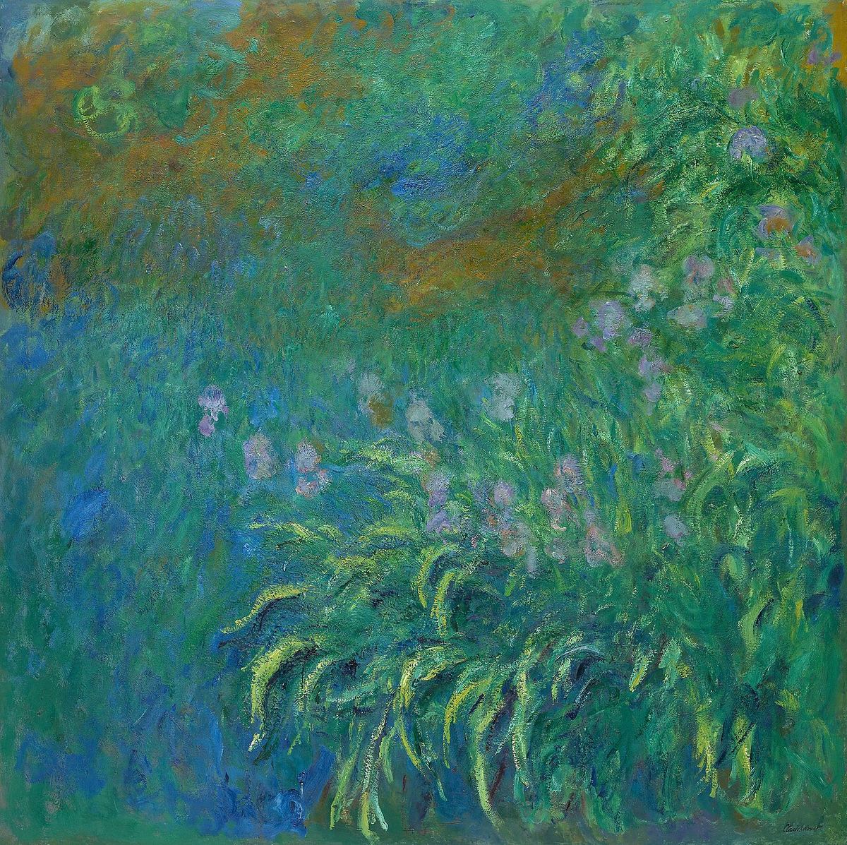 Pictură cu irişi în flori de Claude Monet, realizată între 1914 și 1917.
