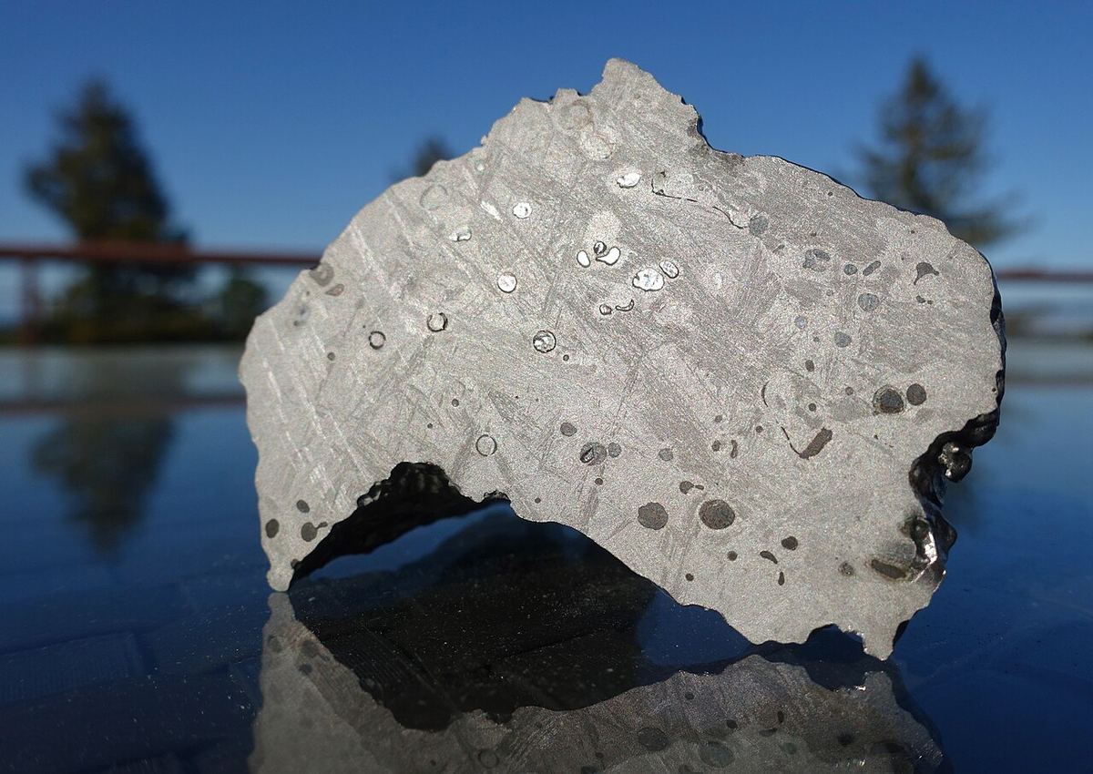 Fața tăiată a unui meteorit Dronino, cu incluziuni inelare și pete metalice strălucitoare în matricea de fier-nichel.