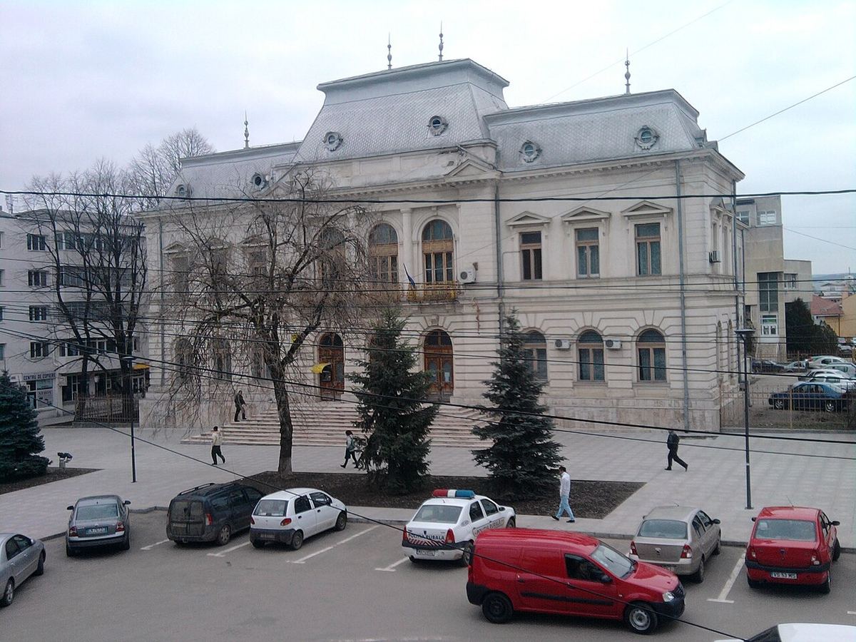 Palatul de Justiție din Vaslui, clădire cu fațadă clasică și ferestre înalte, pe o stradă din oraș.