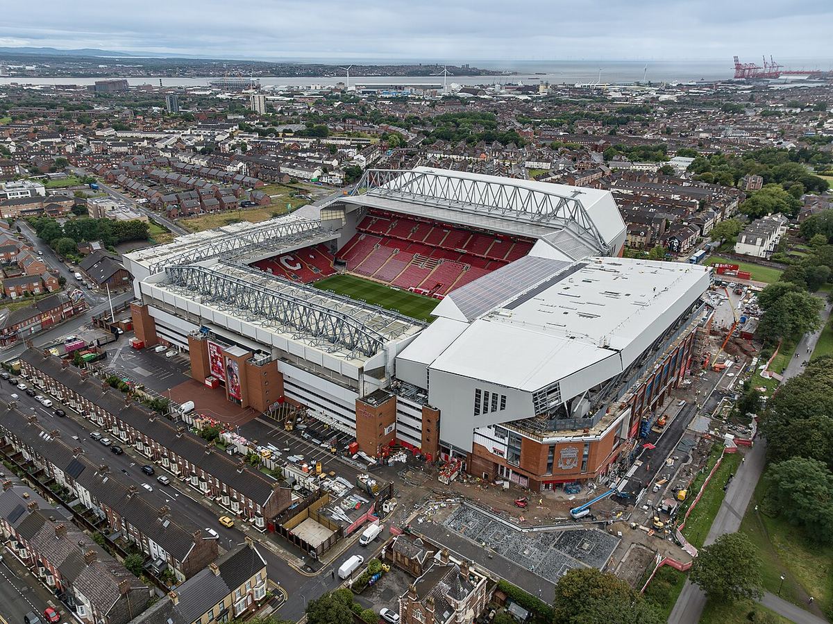 Stadionul Anfield al echipei Liverpool, văzut de sus, în 2023