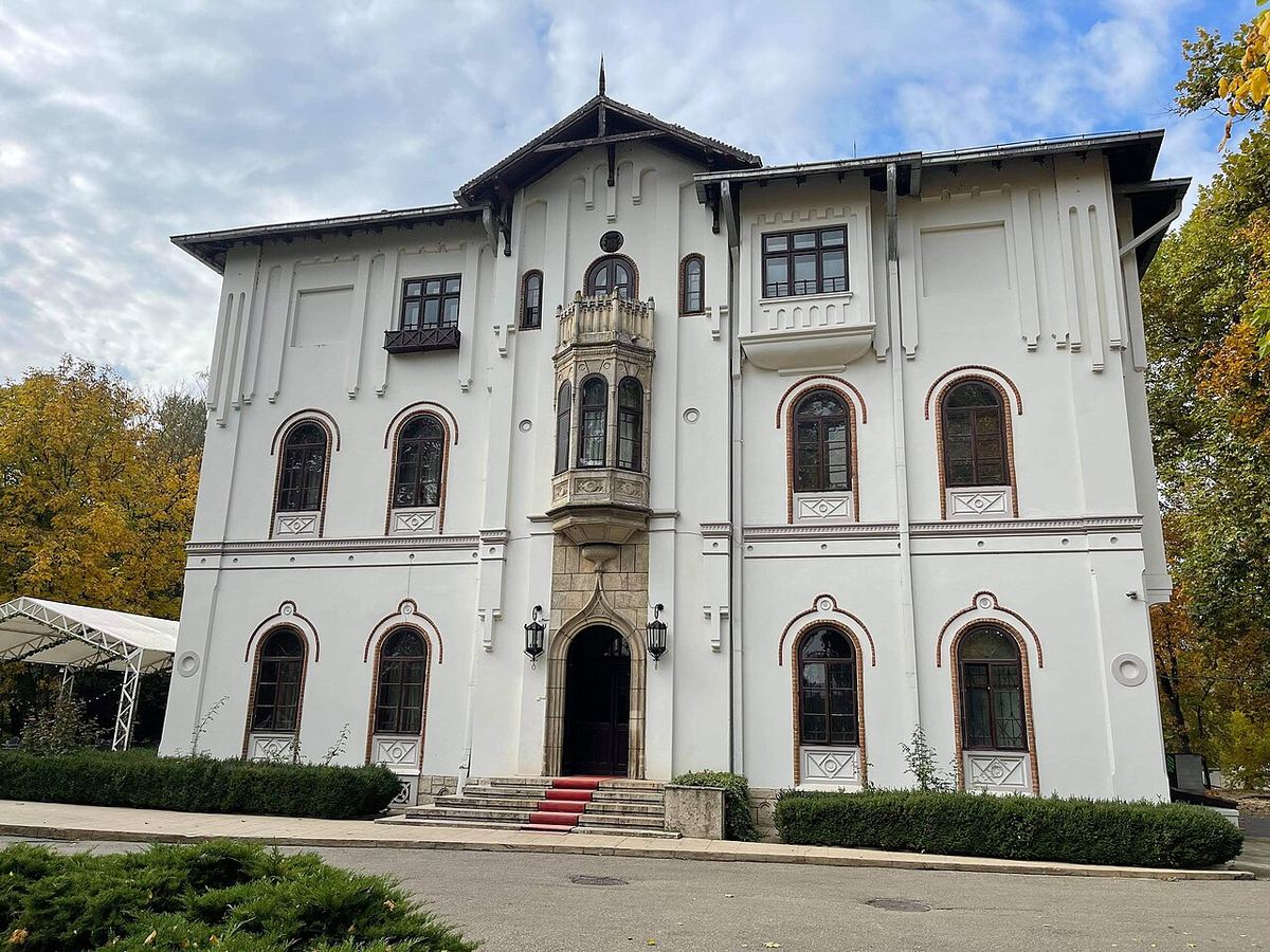 Clădirea istorică albă a Domeniului Știrbey Vodă din Buftea, cu balcon, arcade și scară de intrare cu covor roșu.