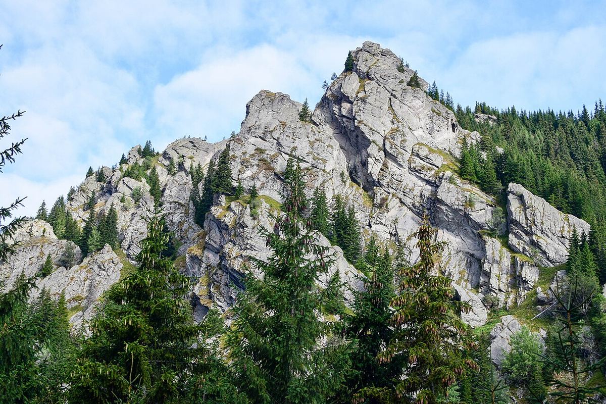 Munții Făgăraș din Carpați, România, văzuți din zona Nucșoara, cu vârfuri stâncoase și relief alpin.
