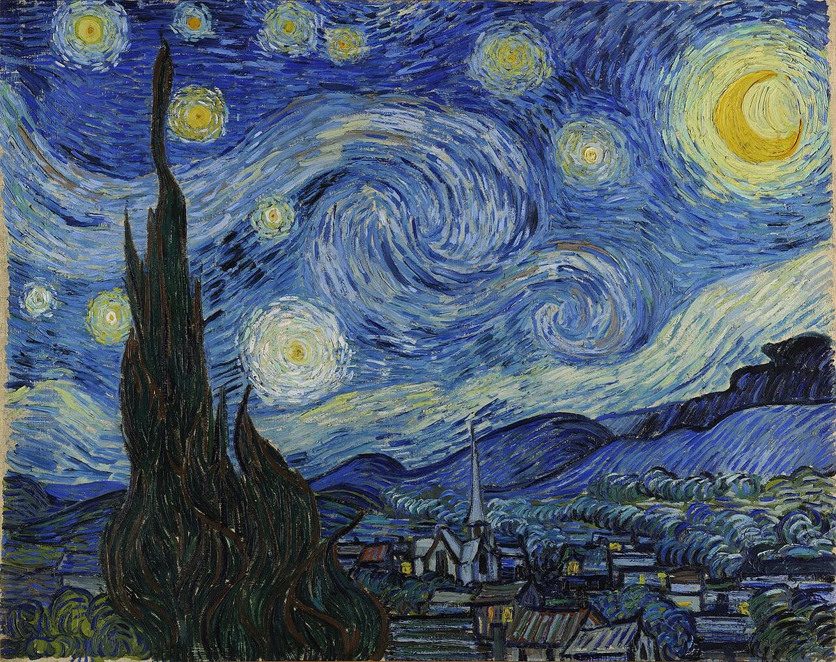 Tabloul „Noapte înstelată” de Vincent van Gogh, ulei pe pânză, 1889, expus la Muzeul de Artă Modernă din New York.