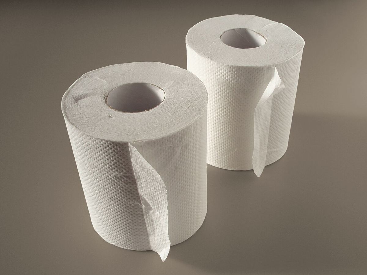 Două role de hârtie igienică albă, cu model în relief, pe un fundal neutru gri.