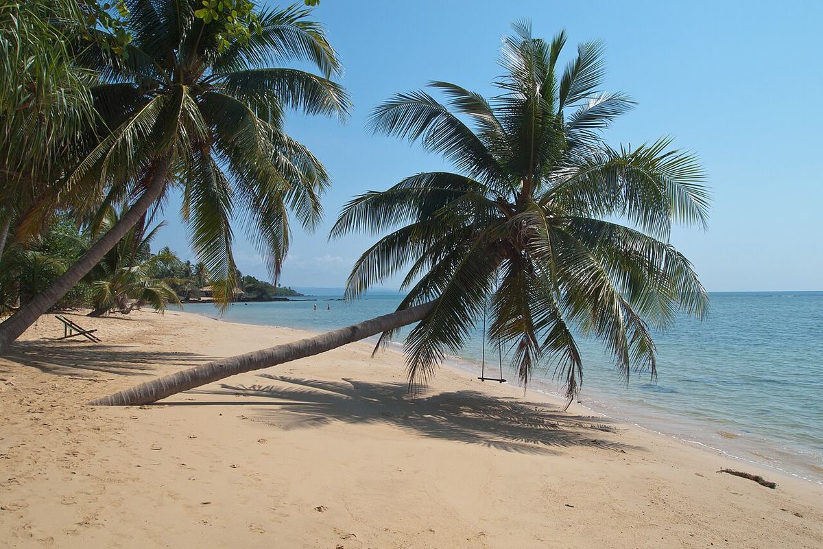Plajă tropicală cu nisip auriu, palmieri înclinați și apă turcoaz liniștită, pe insula Koh Mak, Thailanda.