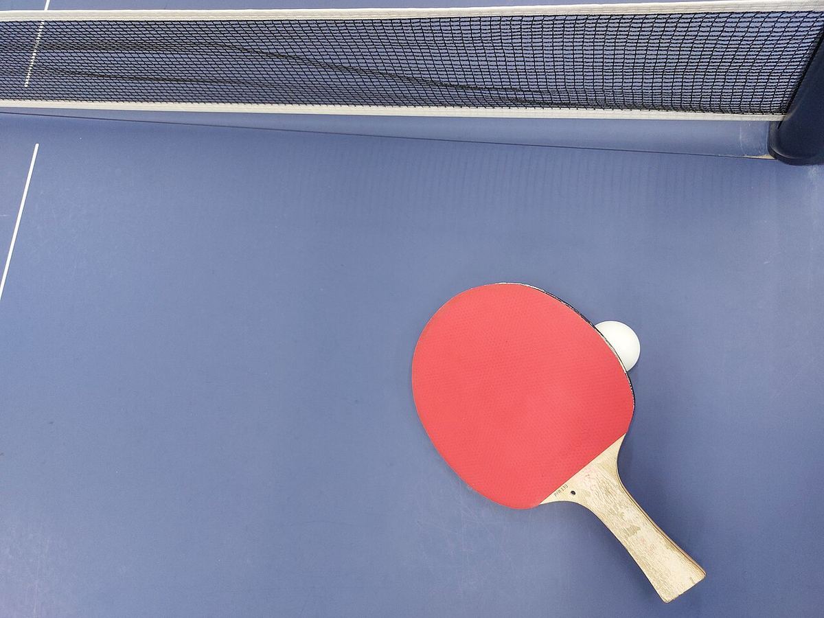 Două palete de tenis de masă și o minge albă pe o masă verde, văzute de sus, cu plasa în cadru.
