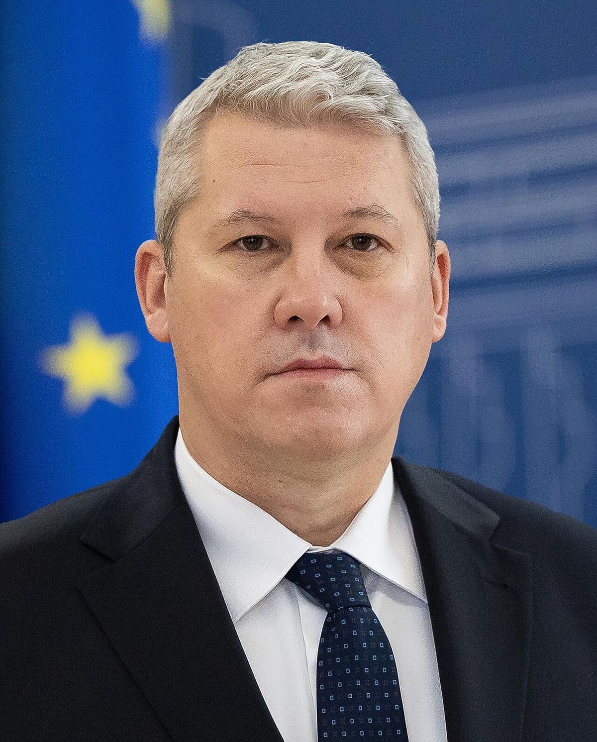 Portret al lui Cătălin Predoiu în costum închis, cu cămașă albă și cravată, în fața unui steag al Uniunii Europene.